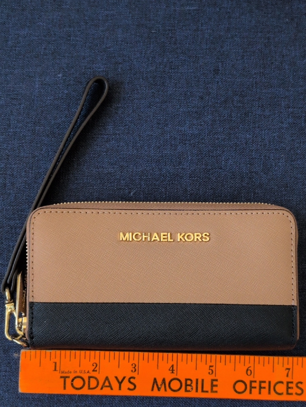Michael Kors Two-Tone Tan and Black Wristlet Wallet with Gold Logo